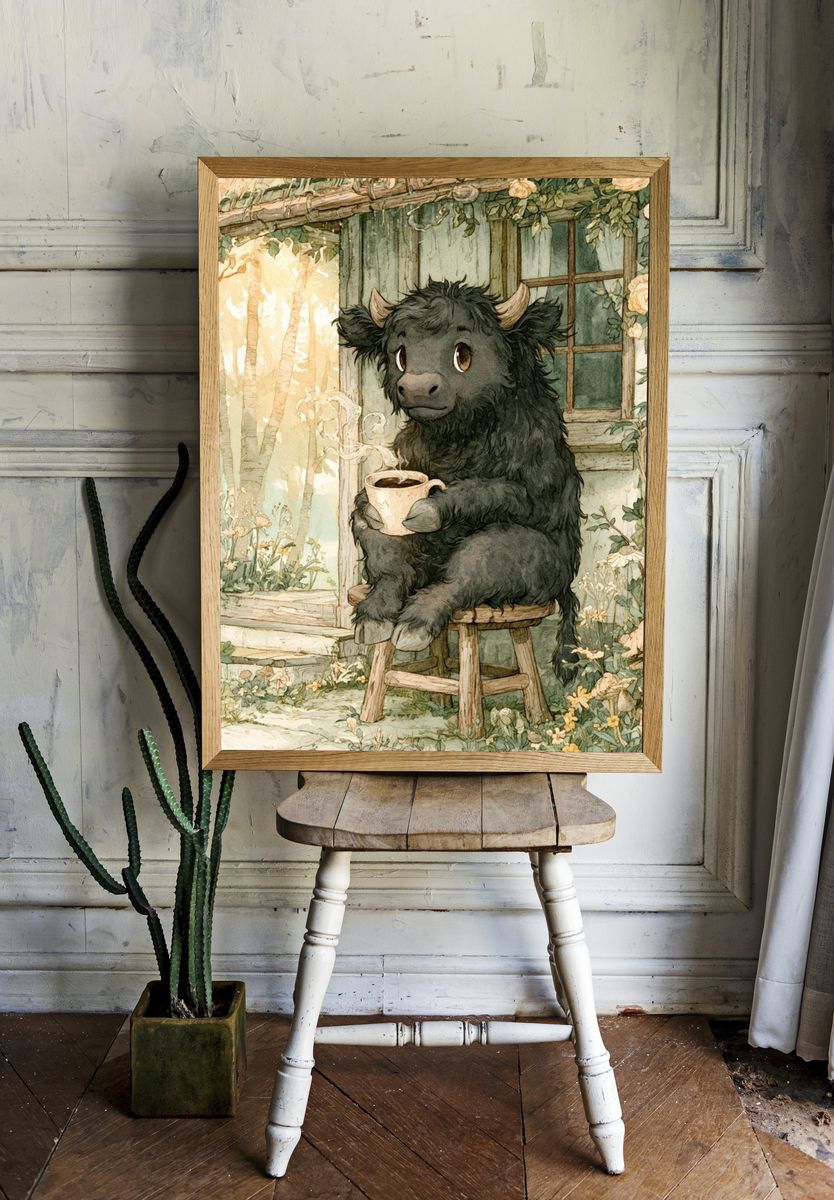 Cozy Highland Cow Watercolor Poster. room preview