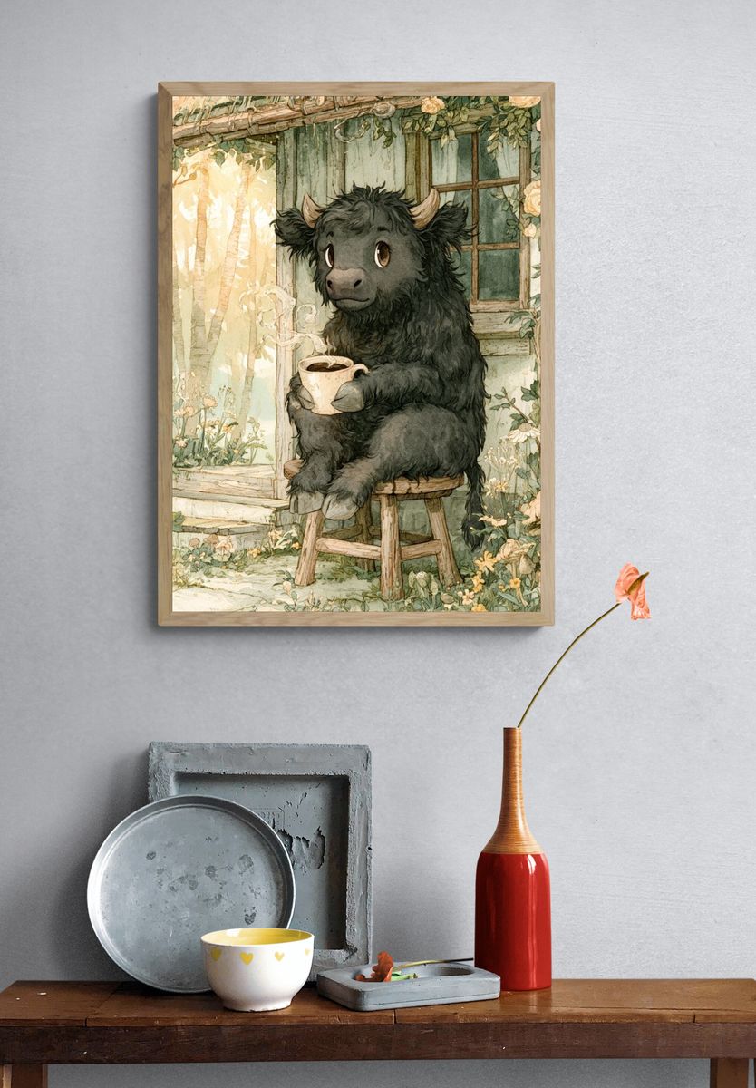Cozy Highland Cow Watercolor Poster. — room view 3