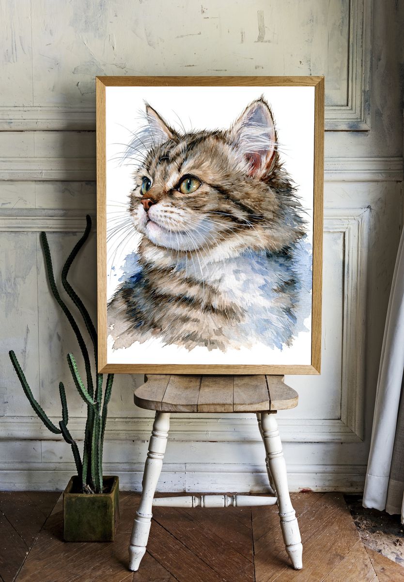 Watercolor Cat Portrait Print. — room view 1