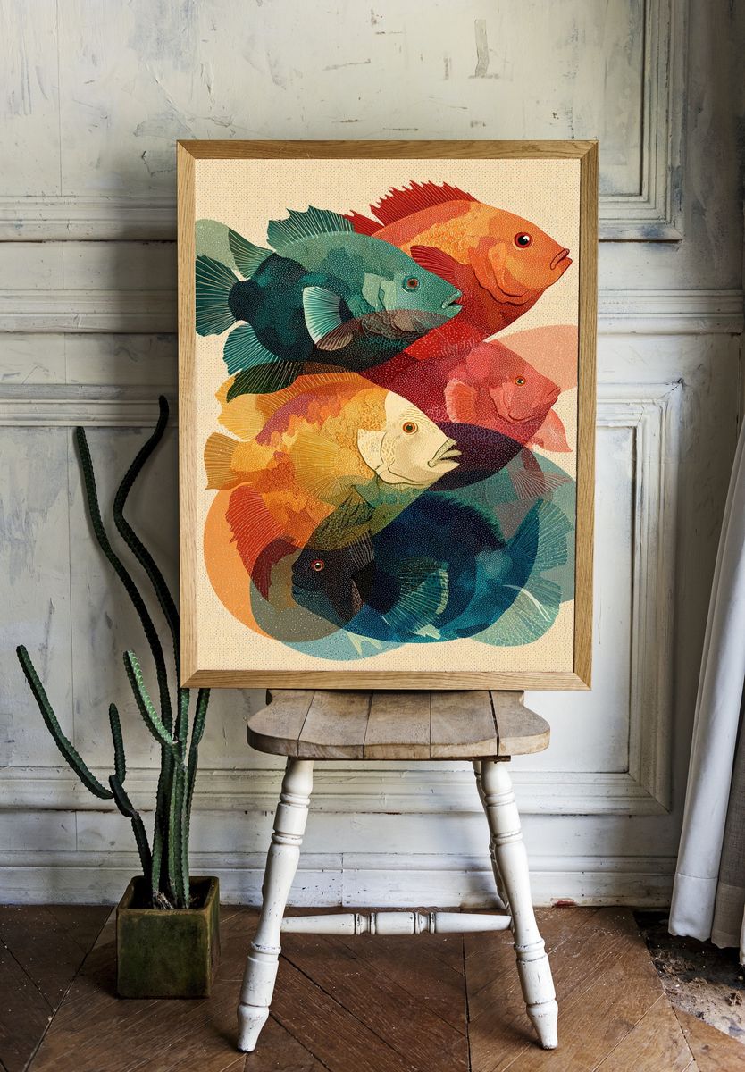 Colorful Fish Collage Illustration Poster. room preview