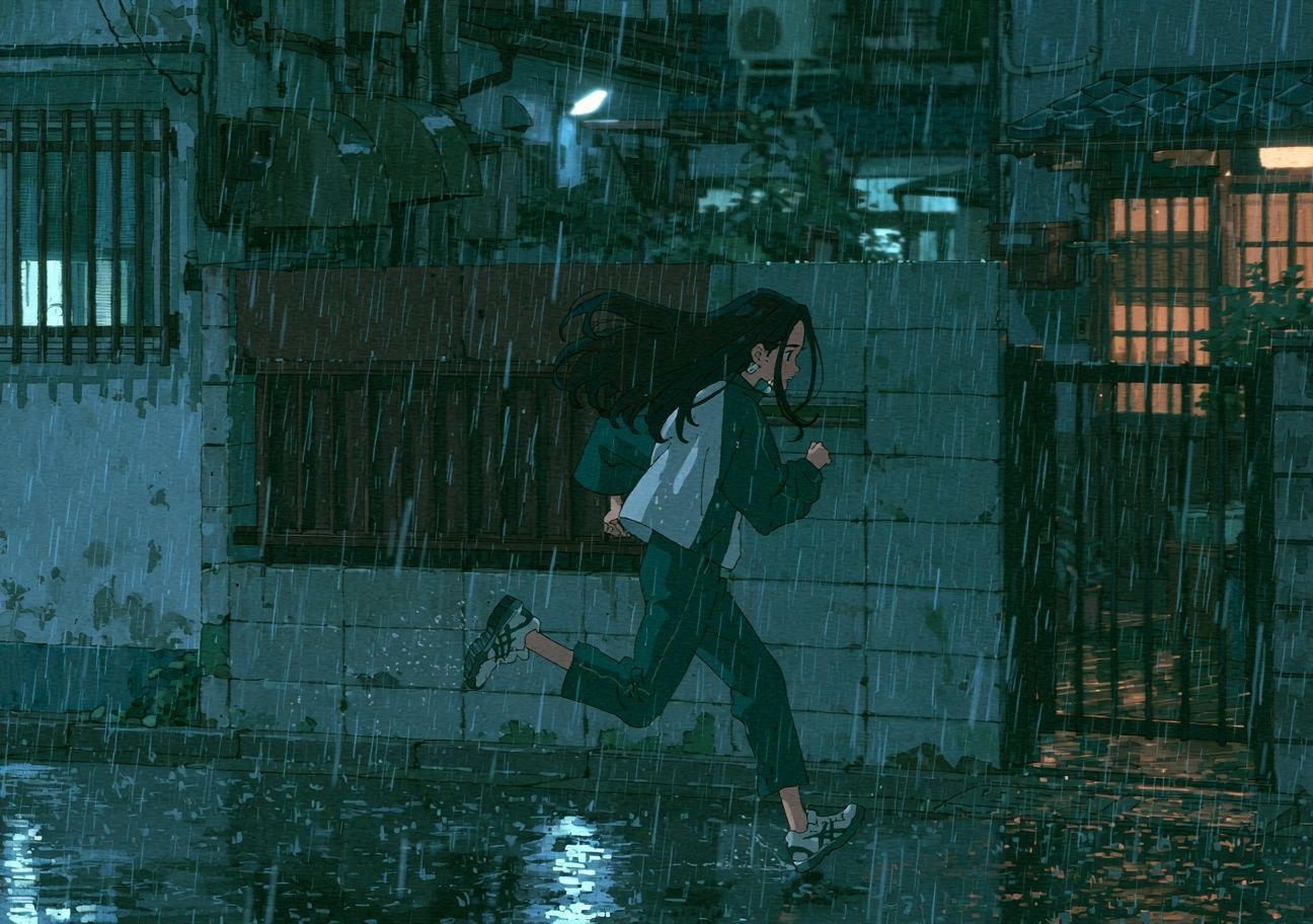 Rainy City Run Anime Print. poster — anime art