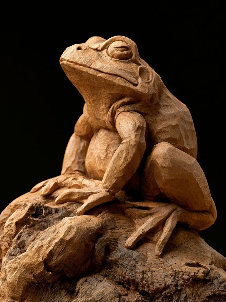 Wooden Frog Sculpture Print. poster — animals art