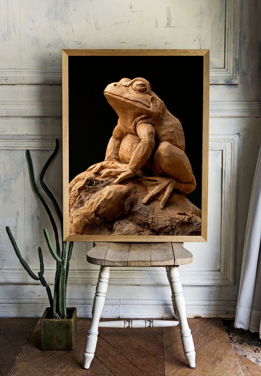 Wooden Frog Sculpture Print. — room view 1