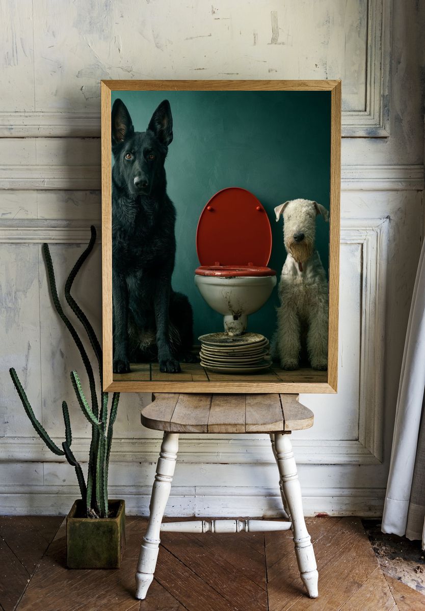 Dogs by Toilet Surrealism Poster. room preview