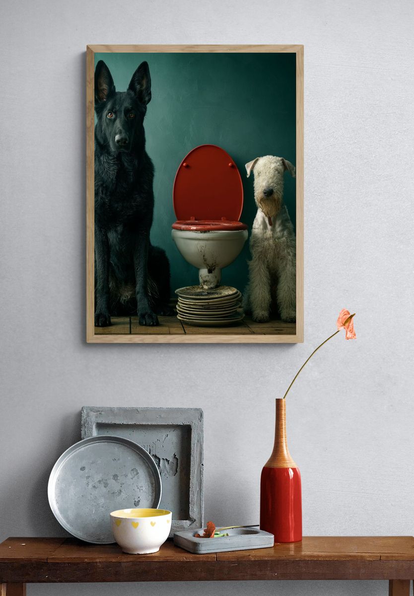 Dogs by Toilet Surrealism Poster. — room view 3
