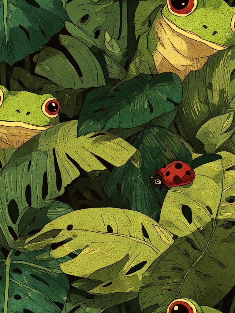 Hidden Frogs Tropical Illustration Poster. poster detail