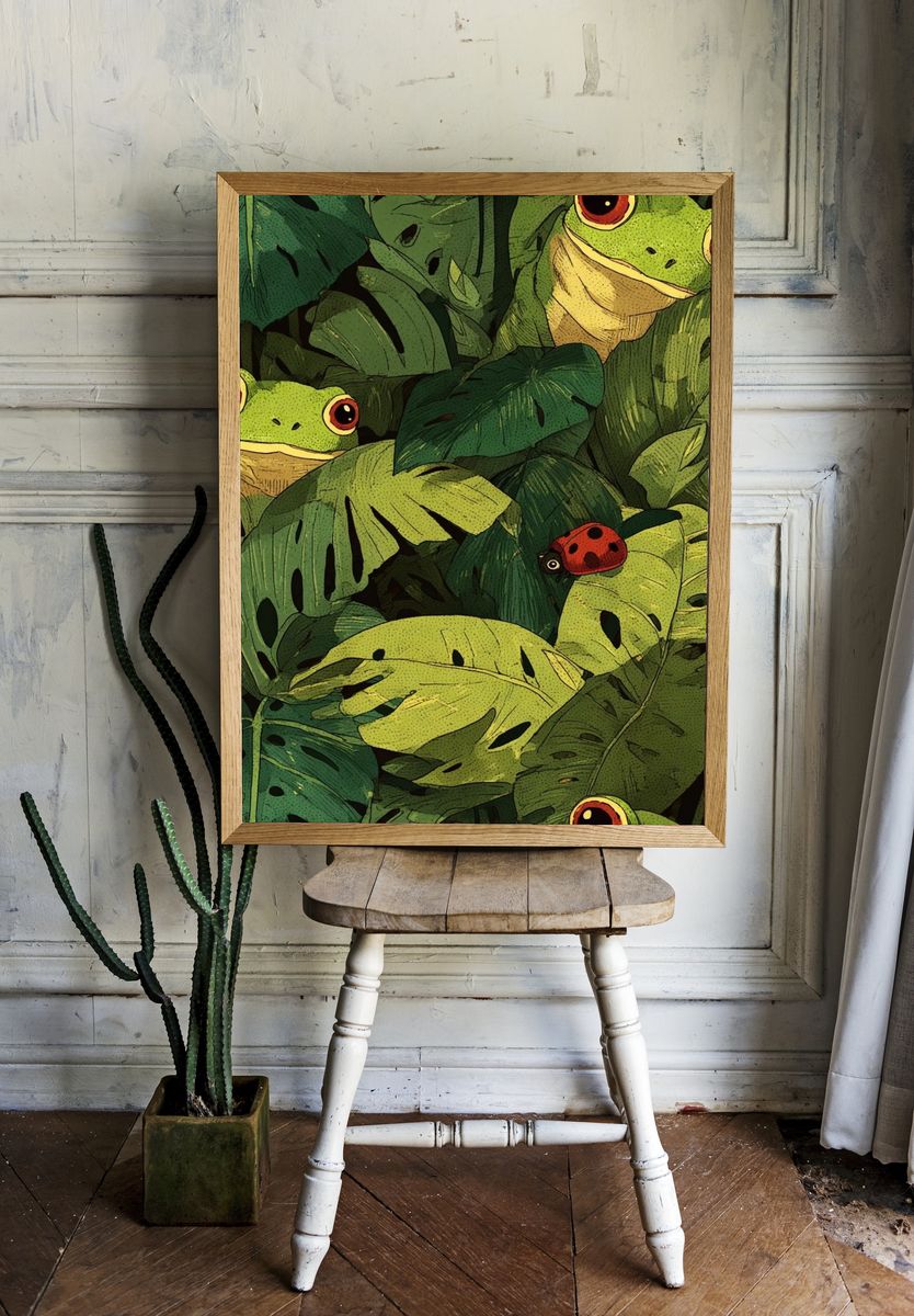 Hidden Frogs Tropical Illustration Poster. — room view 1