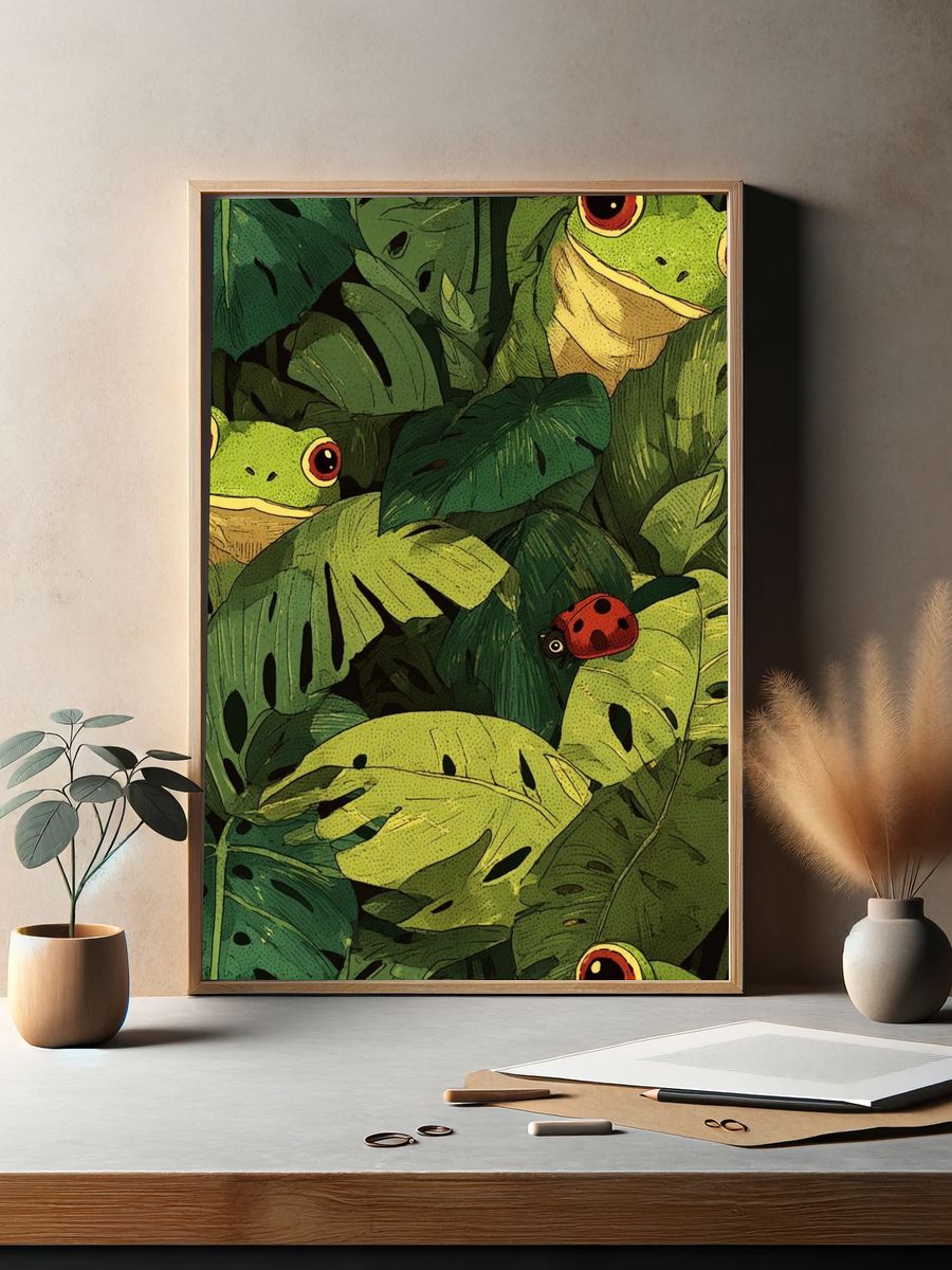 Hidden Frogs Tropical Illustration Poster. — room view 2
