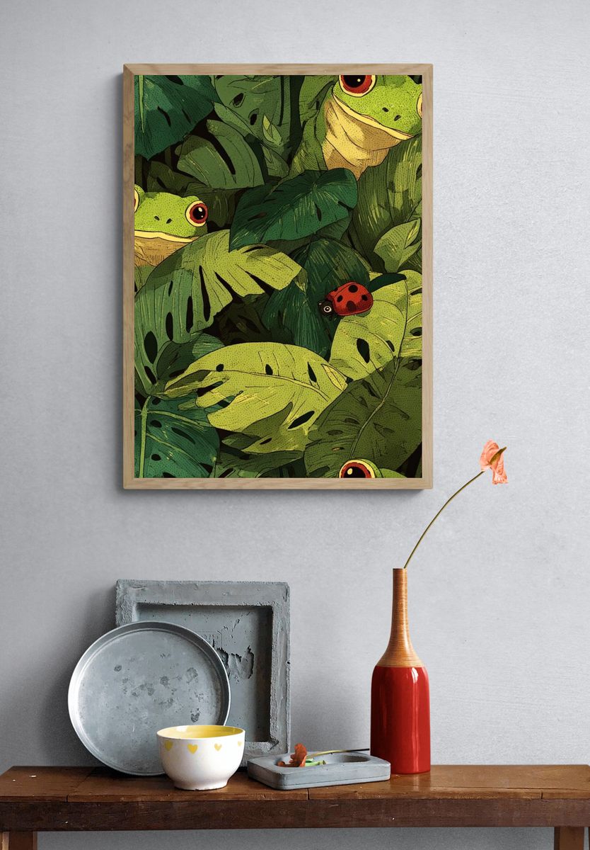 Hidden Frogs Tropical Illustration Poster. — room view 3