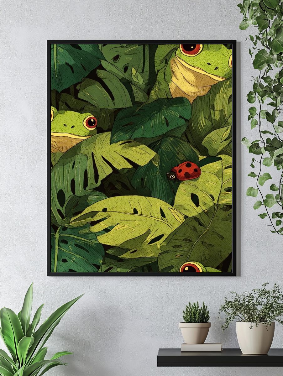 Hidden Frogs Tropical Illustration Poster. — room view 4