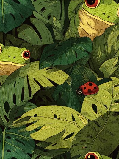 Hidden Frogs Tropical Illustration Poster. poster print