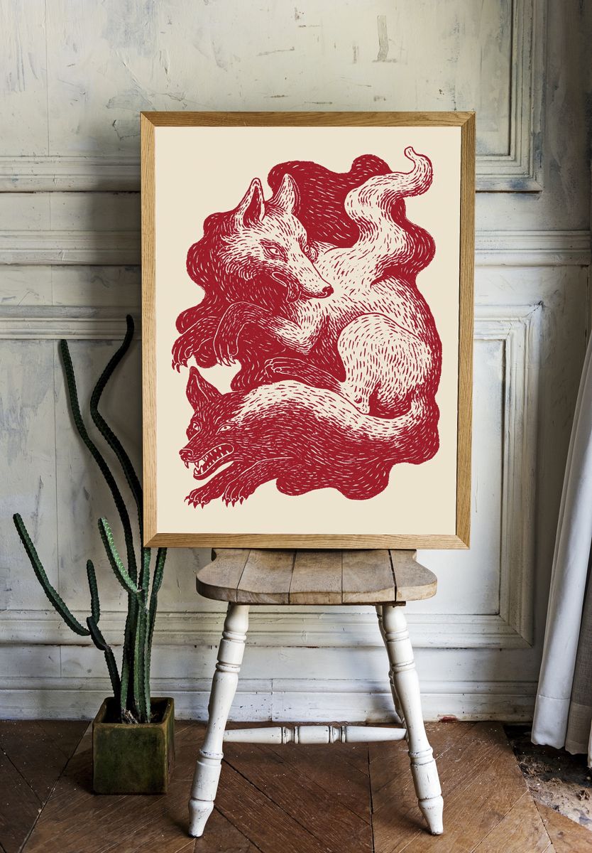 Three Wolves Ink Print. room preview