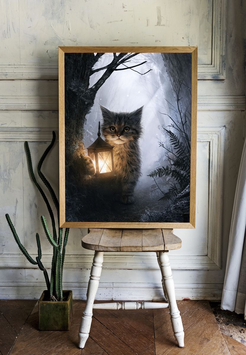 Lantern Cat Forest Illustration Poster. room preview