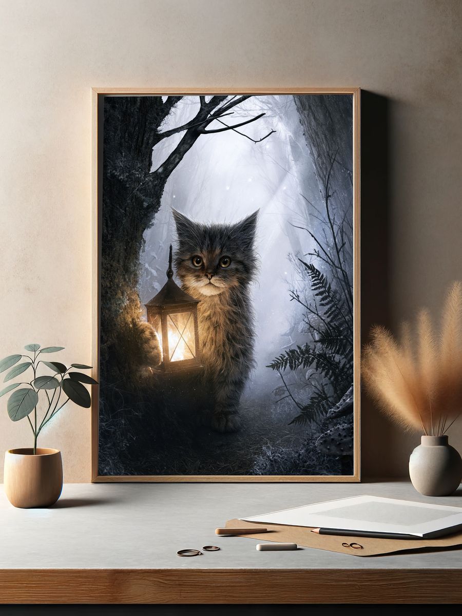 Lantern Cat Forest Illustration Poster. — room view 2