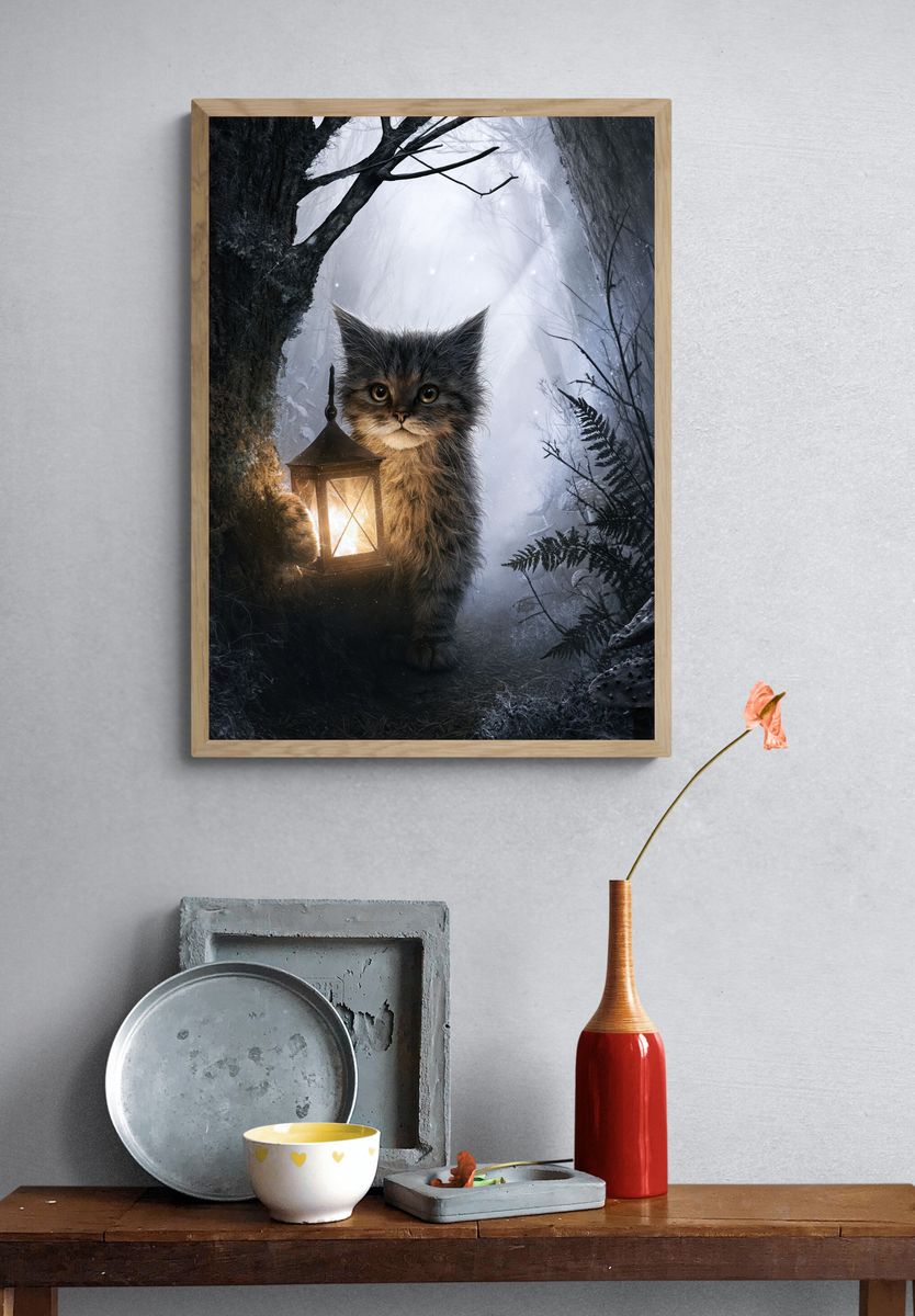 Lantern Cat Forest Illustration Poster. — room view 3