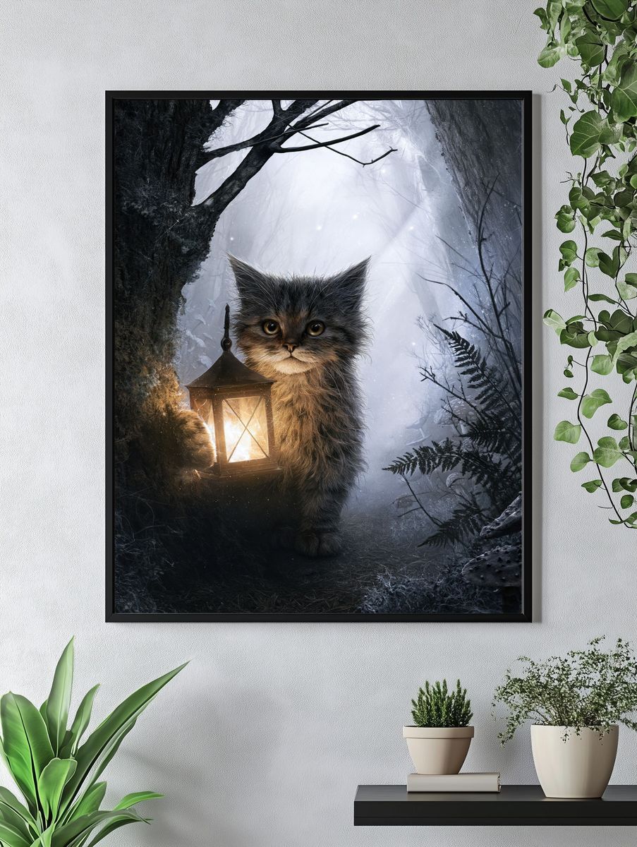 Lantern Cat Forest Illustration Poster. — room view 4