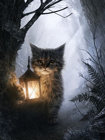 Lantern Cat Forest Illustration Poster. poster