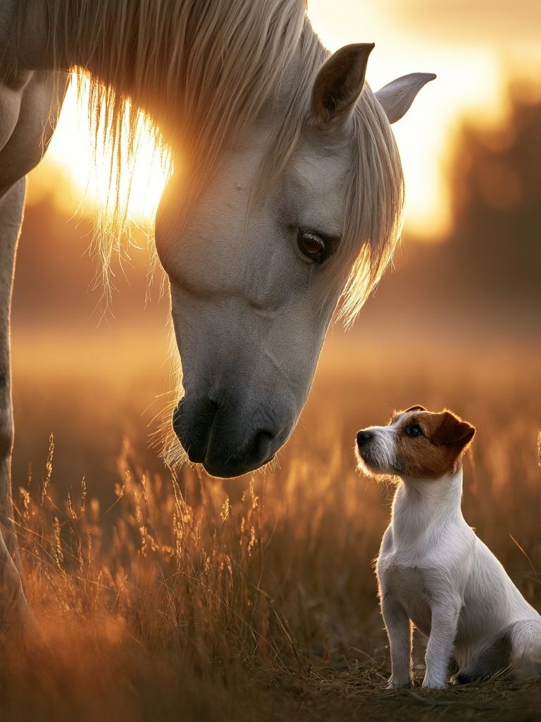 Horse and Dog Sunset Photography Poster. poster detail