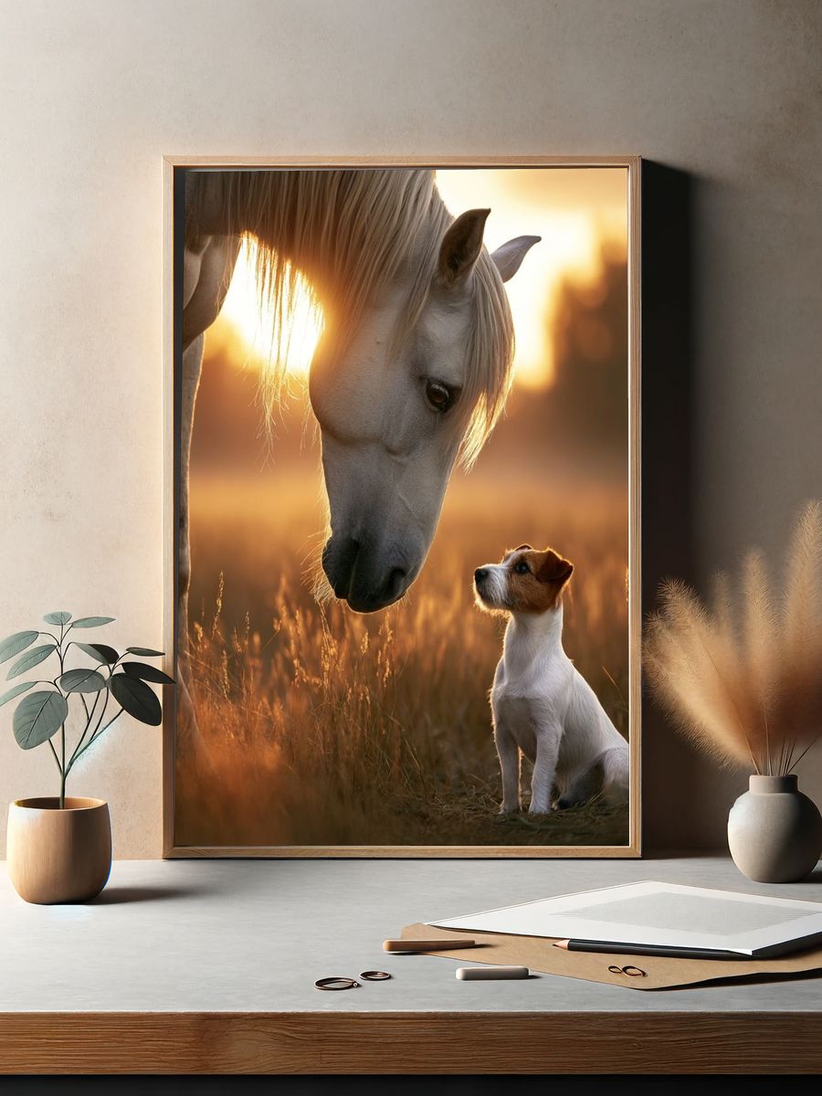 Horse and Dog Sunset Photography Poster. — room view 2