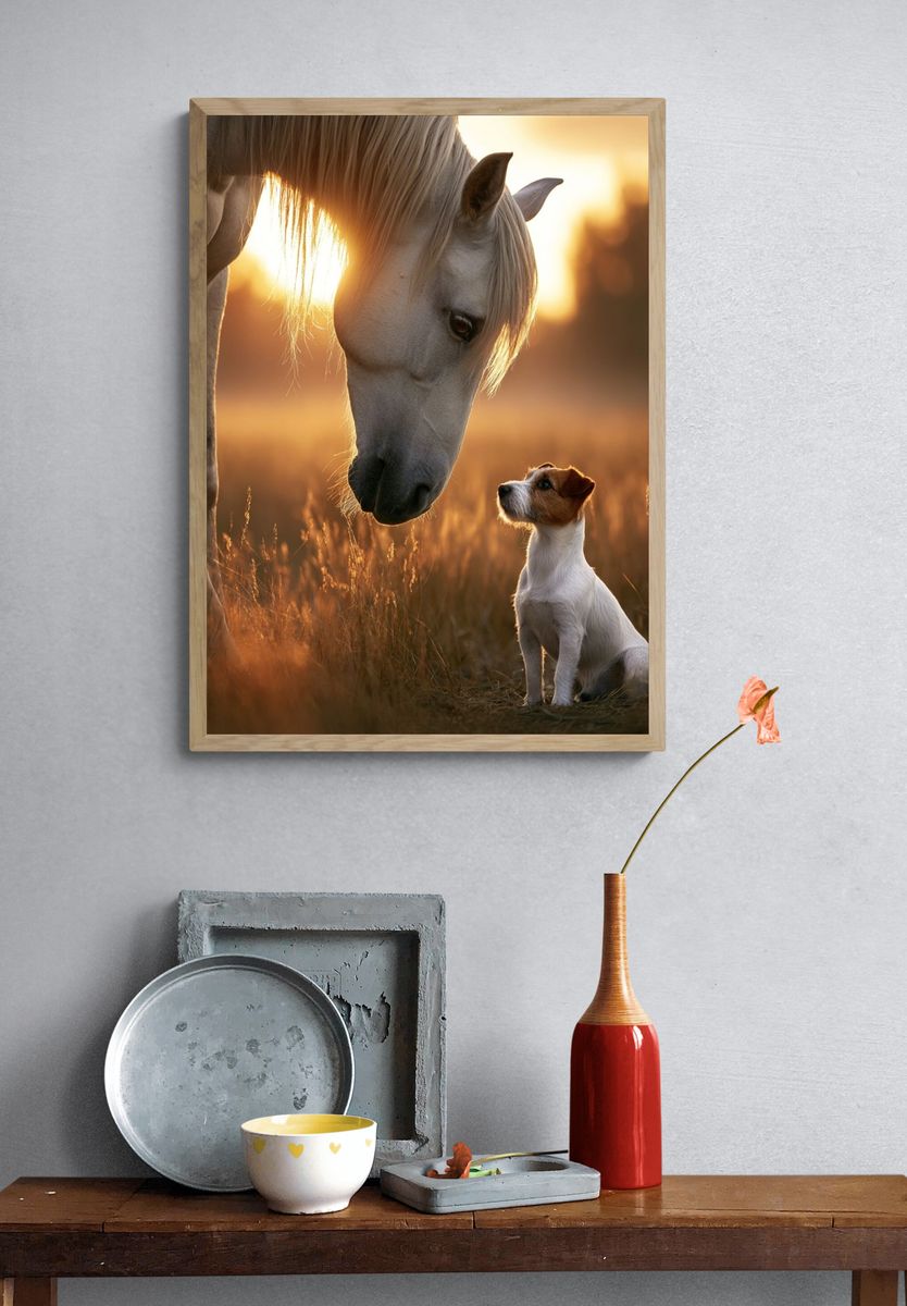 Horse and Dog Sunset Photography Poster. — room view 3