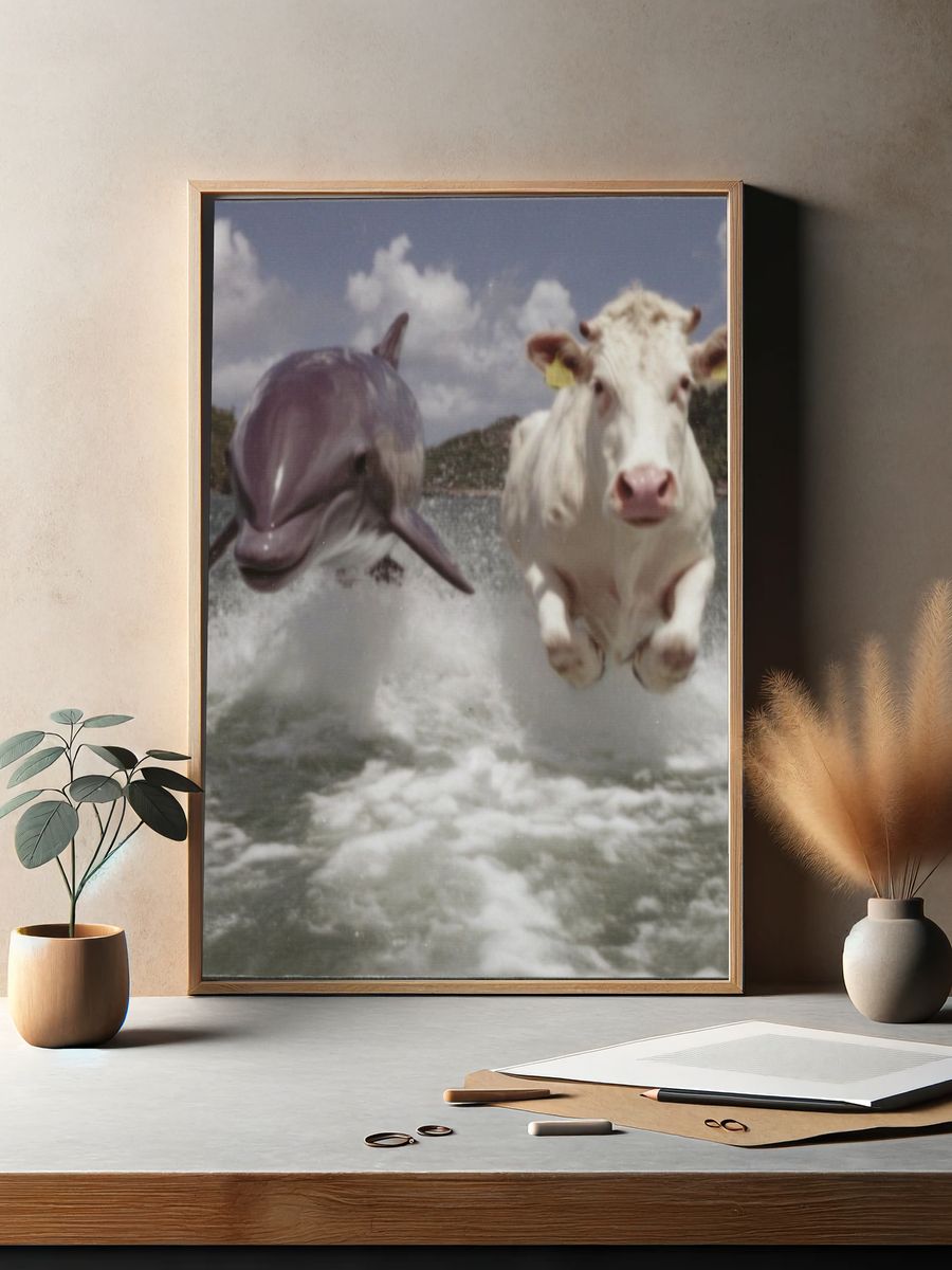 Cow and Dolphin Splash Poster. — room view 2