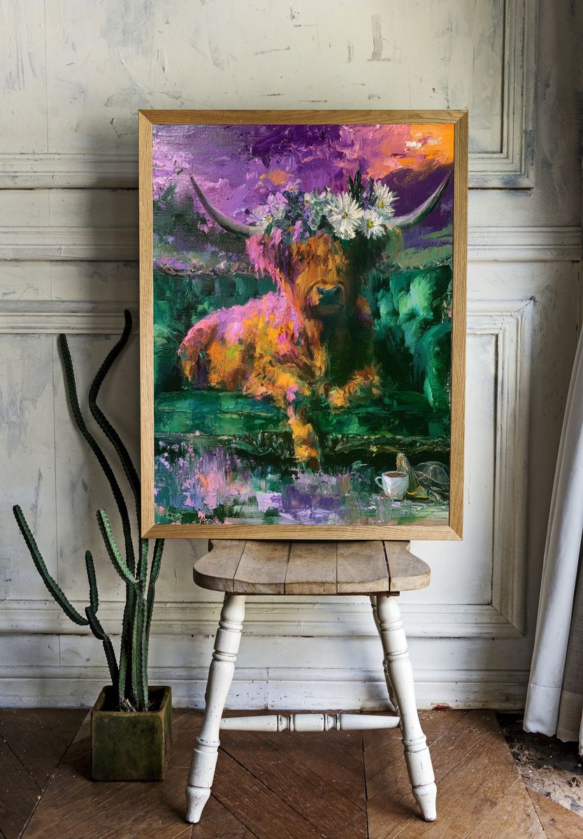 Highland Cow Surrealism Poster. room preview