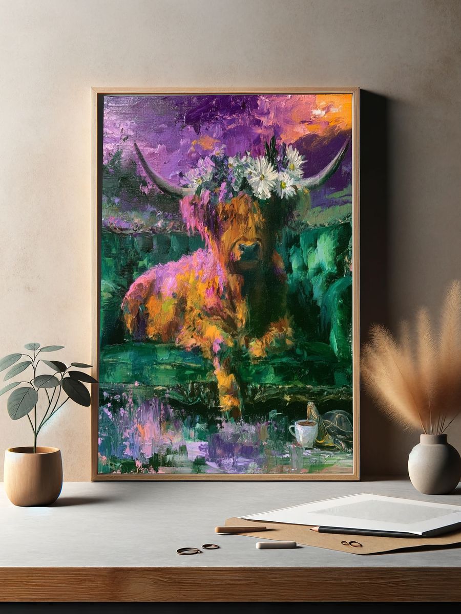 Highland Cow Surrealism Poster. — room view 2