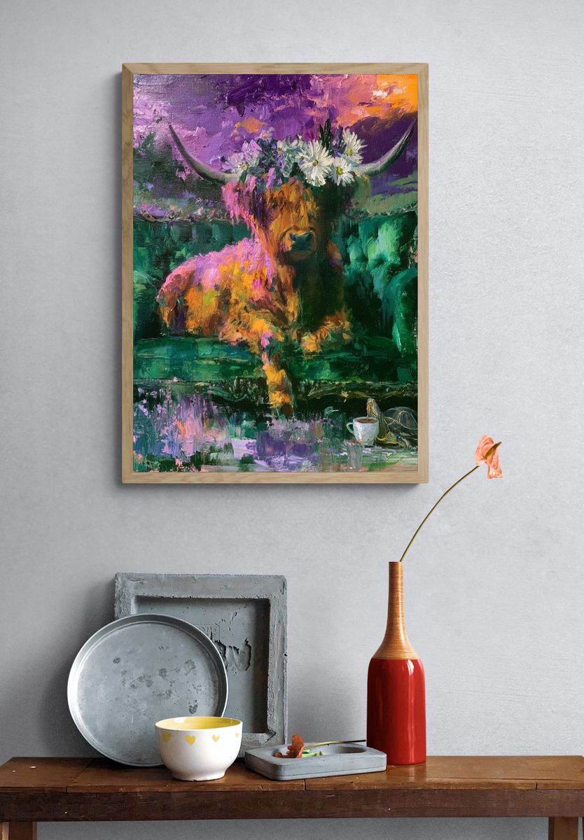 Highland Cow Surrealism Poster. — room view 3