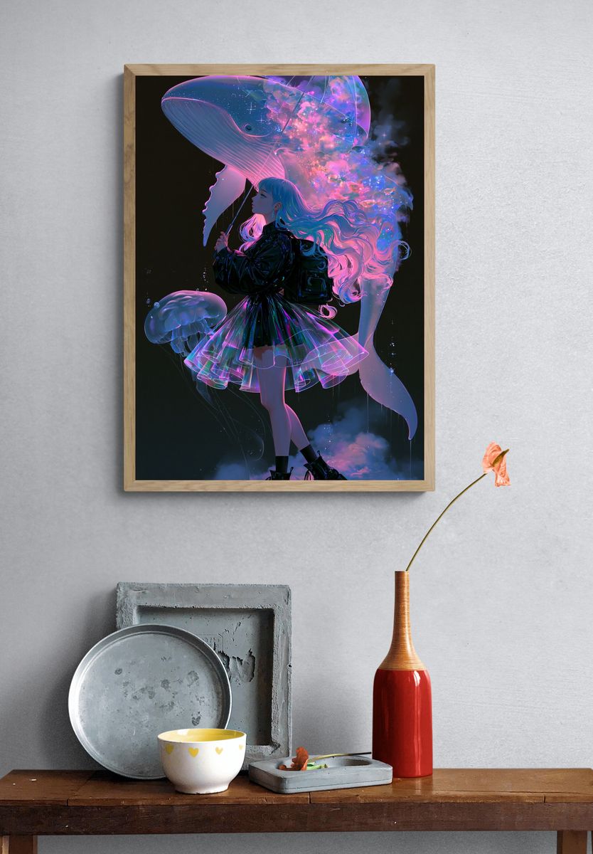 Dream Whale Girl Digital Art Poster. — room view 3