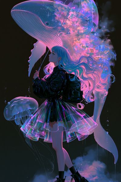 Dream Whale Girl Digital Art Poster.