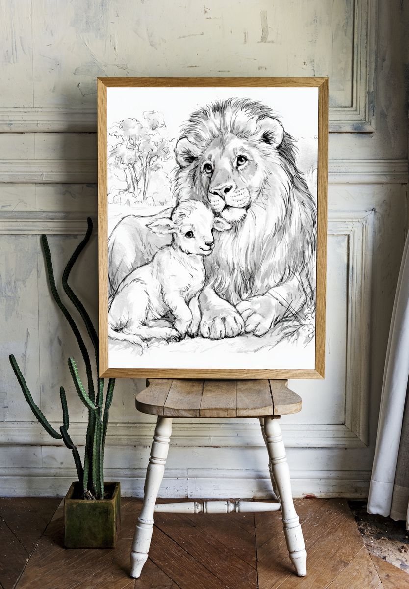 Lion and Lamb Sketch Poster. — room view 1