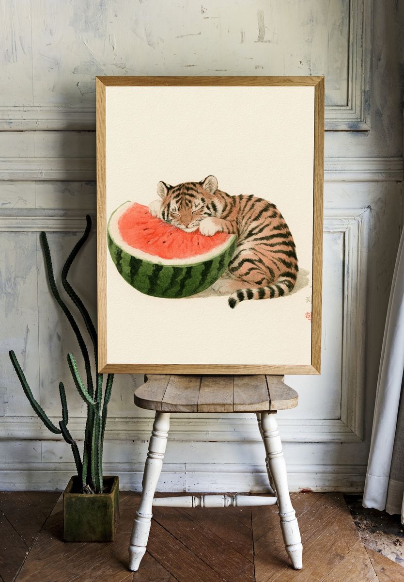Sleeping Tiger Watercolor Print. room preview