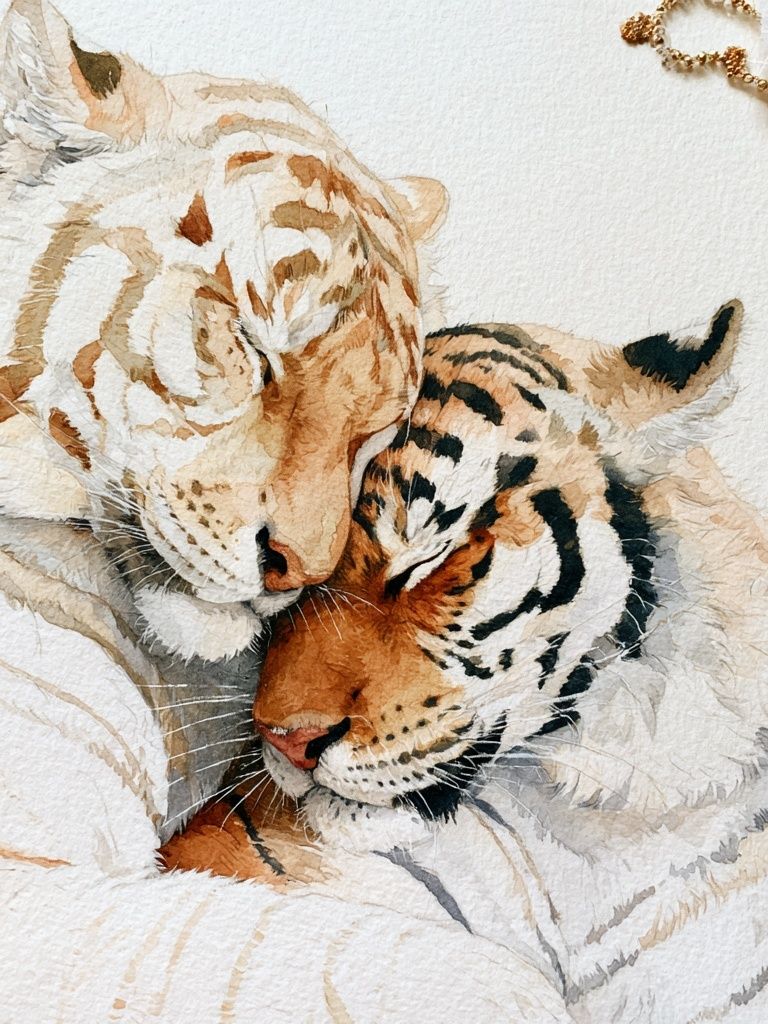 Tiger and White Lion Watercolor Print. poster detail