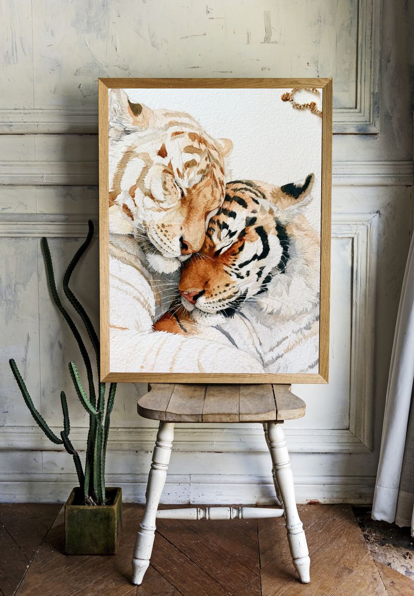 Tiger and White Lion Watercolor Print. room preview