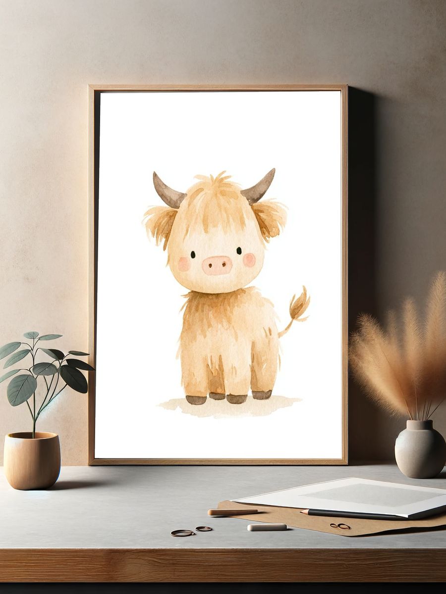 Cute Highland Cow Watercolor Poster. — room view 2
