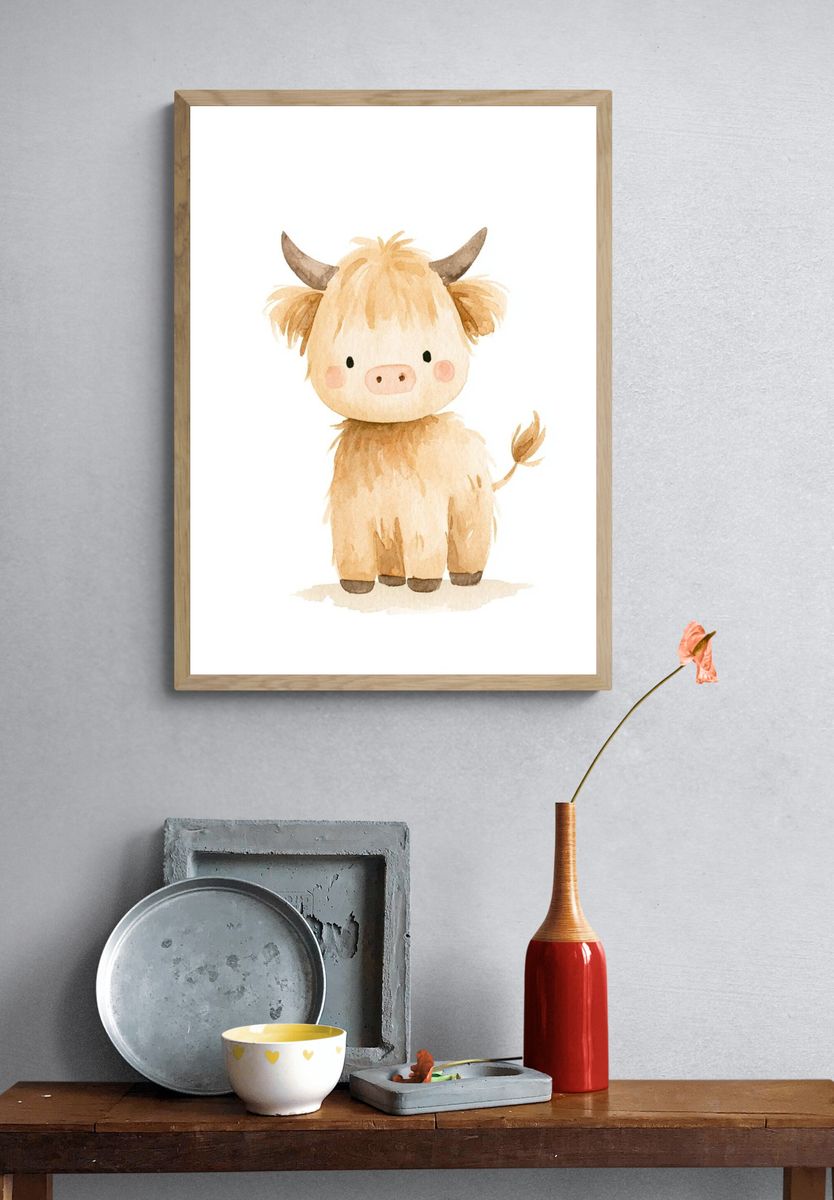 Cute Highland Cow Watercolor Poster. — room view 3