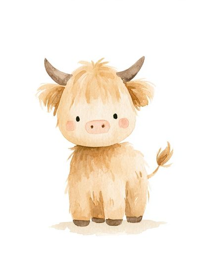 Cute Highland Cow Watercolor Poster.