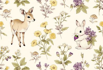 Bunny and Deer Botanical Print. poster