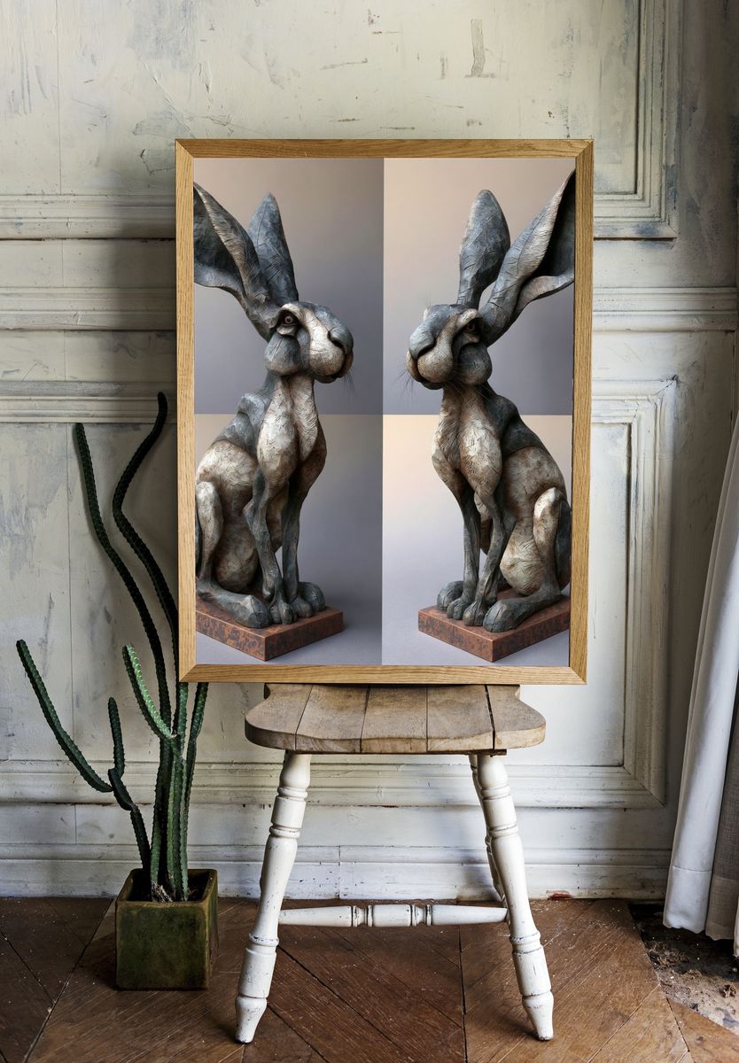Sculptural Rabbit Portrait Print. room preview
