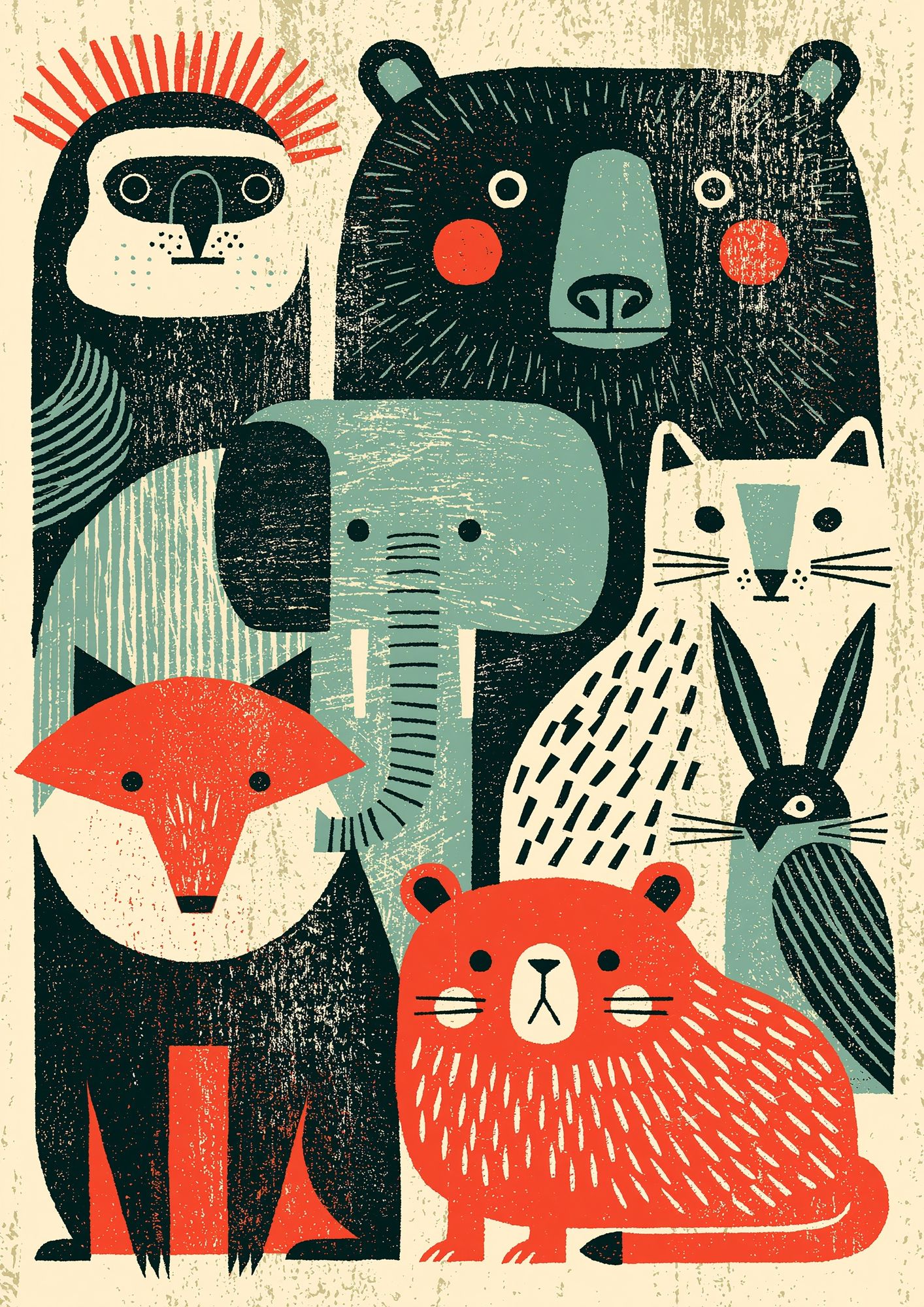 Forest Animals Folk Art Poster. poster detail