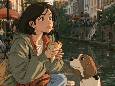 Canal Picnic Anime Illustration Poster.