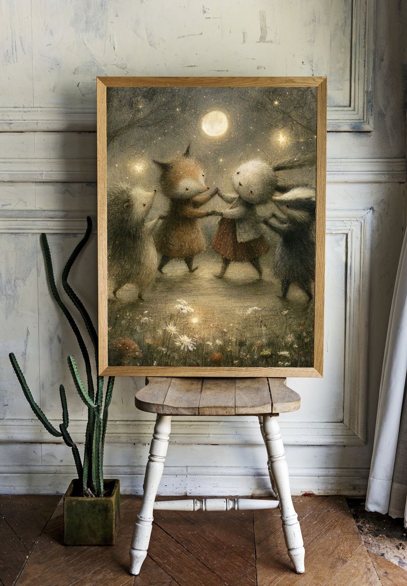Moonlit Forest Animals Illustration Poster. room preview