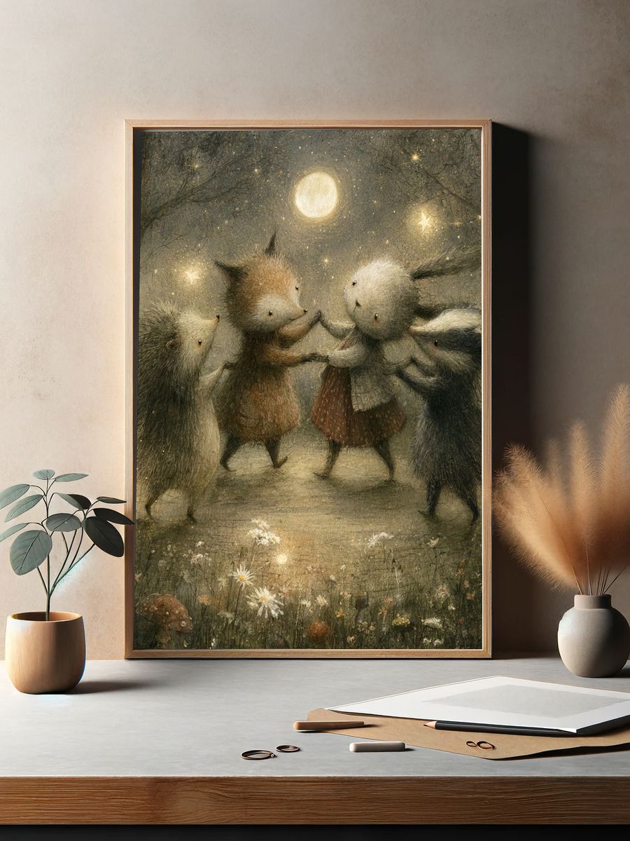 Moonlit Forest Animals Illustration Poster. — room view 2