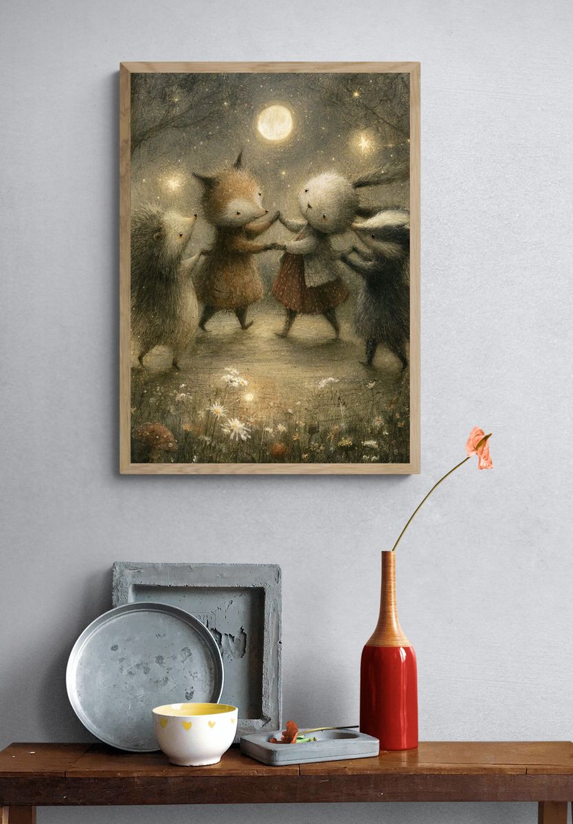 Moonlit Forest Animals Illustration Poster. — room view 3