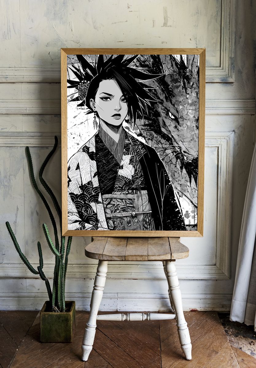 Geisha Dragon Ink Poster. room preview