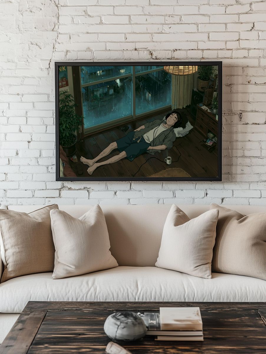 Rainy Lofi Bedroom Anime Poster. room preview
