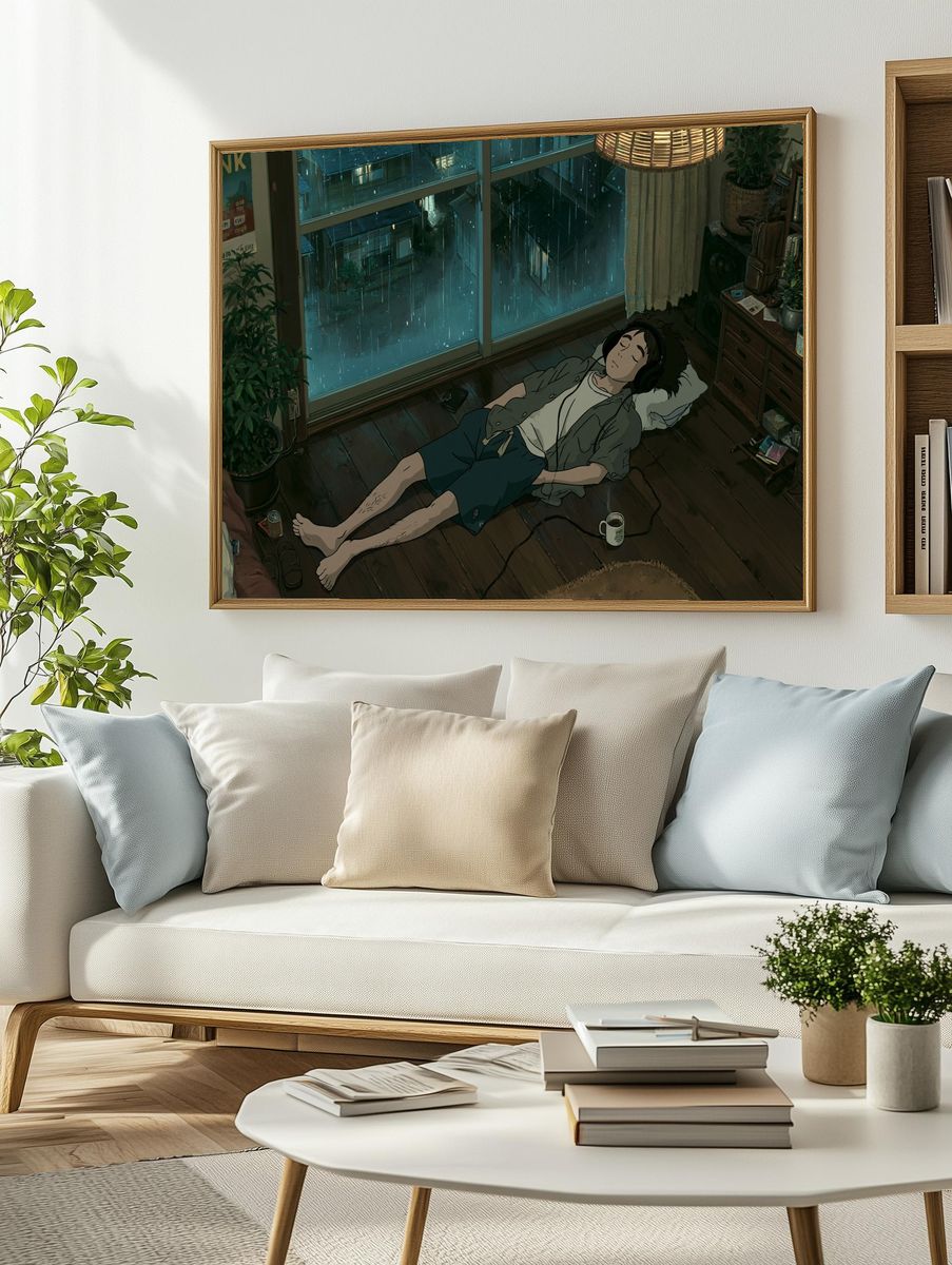 Rainy Lofi Bedroom Anime Poster. — room view 2