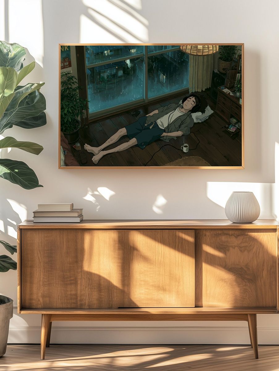 Rainy Lofi Bedroom Anime Poster. — room view 3
