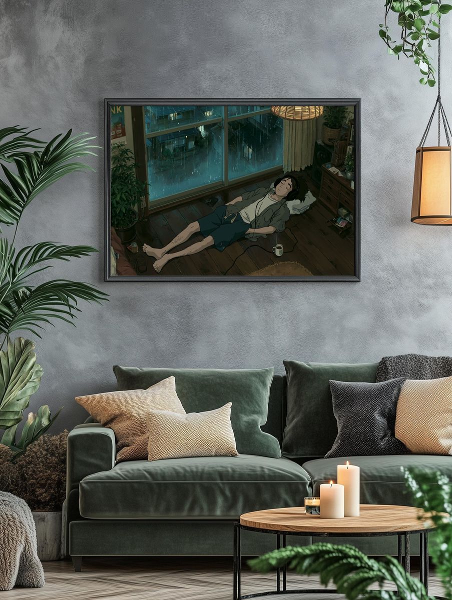 Rainy Lofi Bedroom Anime Poster. — room view 4