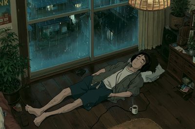 Rainy Lofi Bedroom Anime Poster.